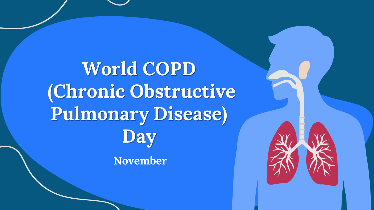 Blue themed slide deck with medical illustrations and statistics on chronic obstructive pulmonary disease.