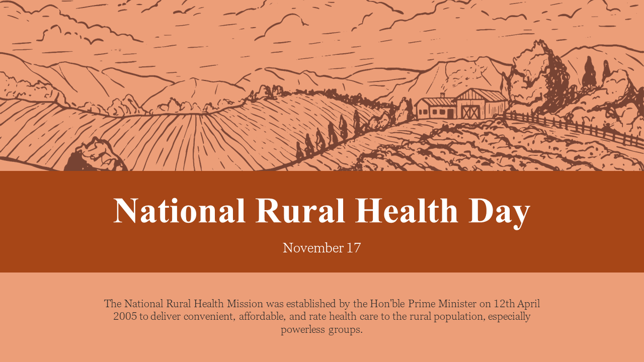 Slide deck with brown themed hand drawn illustrations of rural landscapes, highlighting healthcare in rural areas.