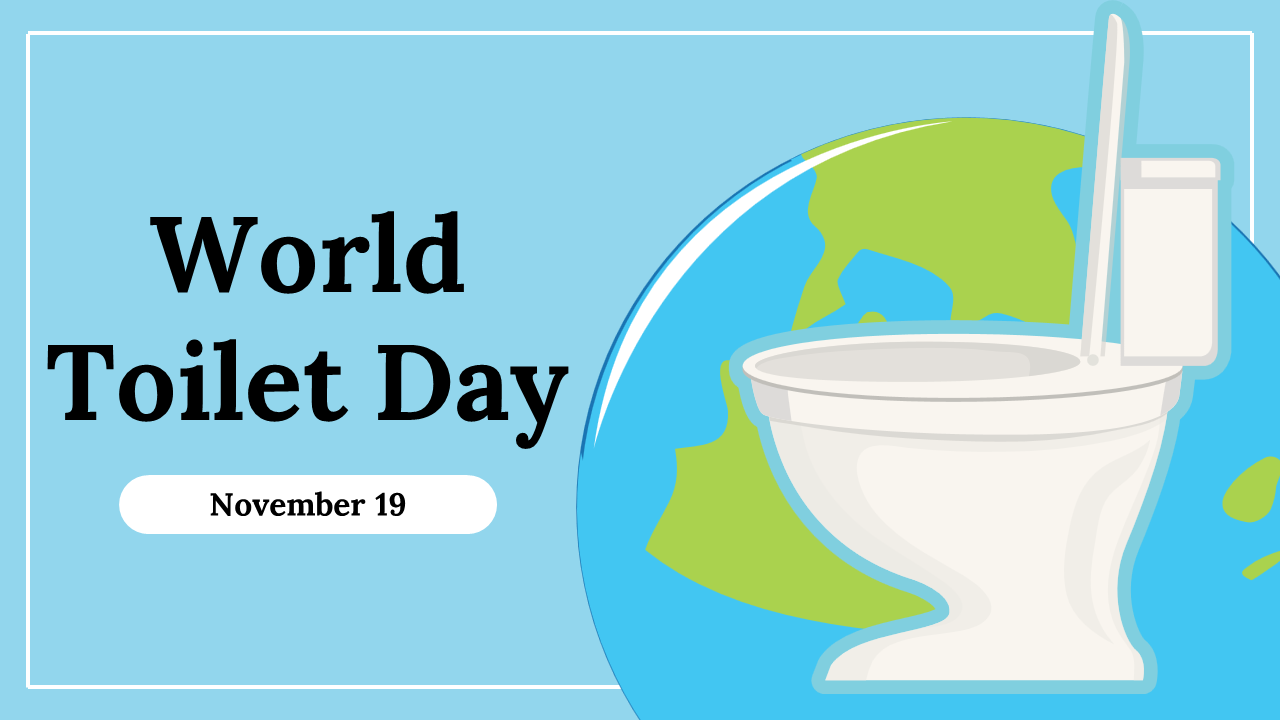 Light blue slide deck with illustrations, cartoon characters, and icons, discussing facts about World toilet day.