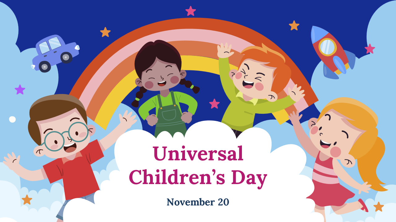 World children's day slide deck on a blue background with a playful illustration of a child, surrounded by stars and clouds.