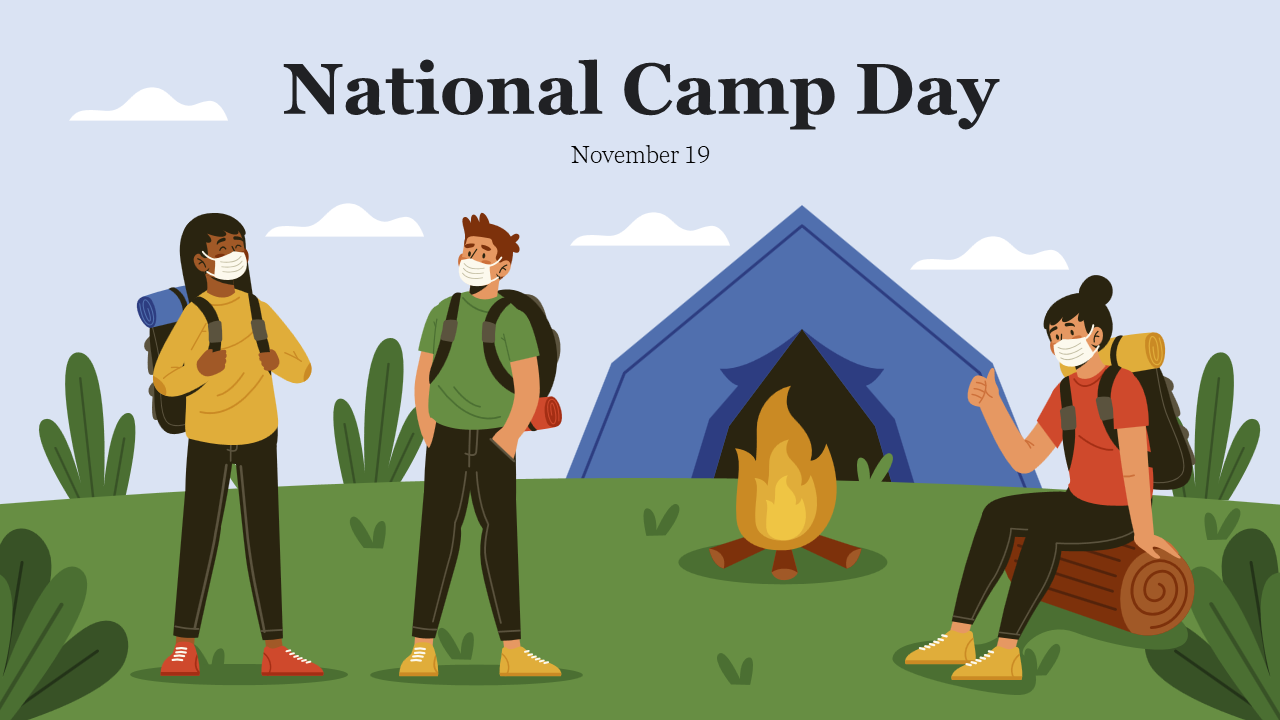 National camp day slide deck cover with camp illustrations and slide previews featuring camping activities and facts.