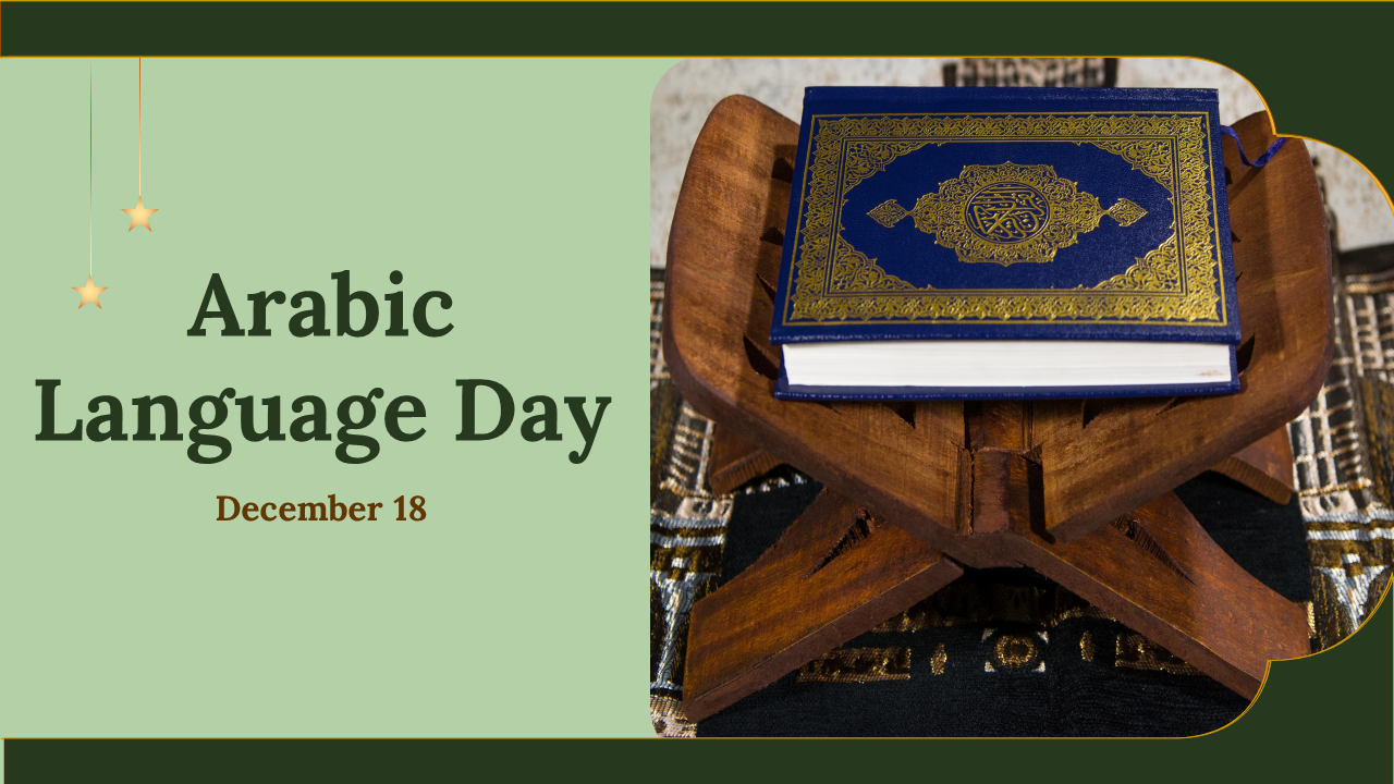 Arabic Language day with detailed slides on the history, importance, and cultural significance on a green backdrop.