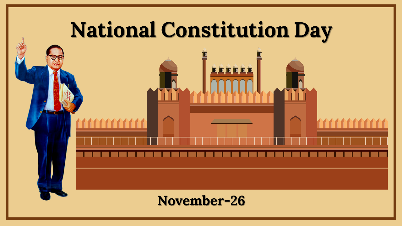 National constitution day slide deck with beige backgrounds, covering key facts, history, and governing principles of India.