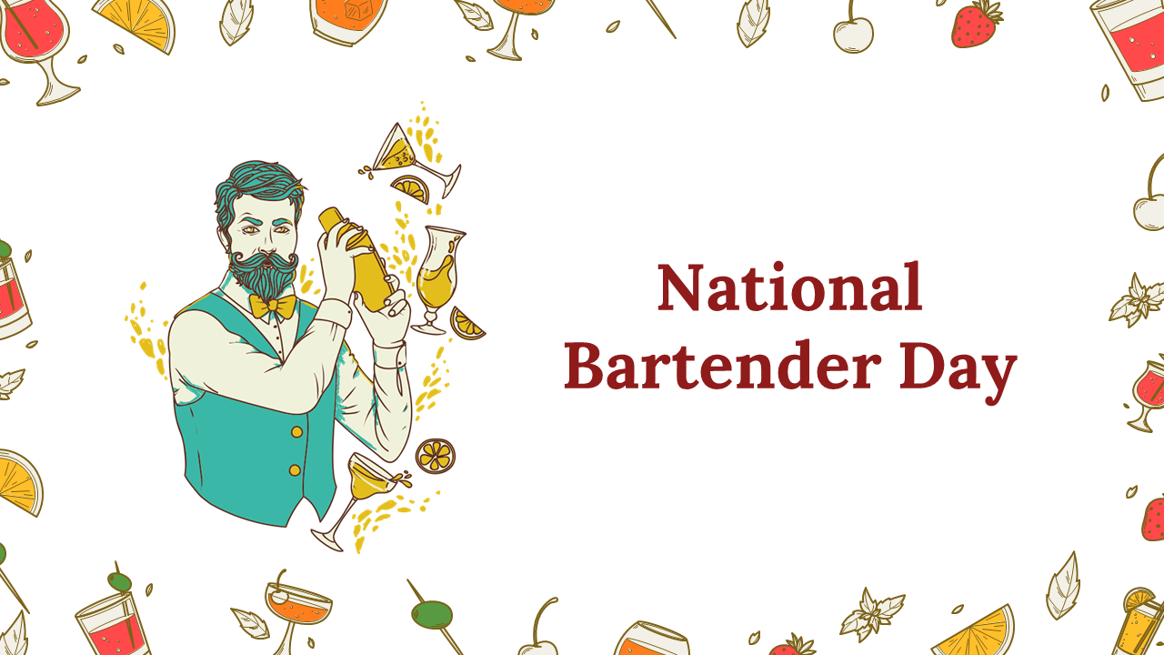 Festive slide deck featuring illustrations of bartenders, cocktails, and mixology activities.