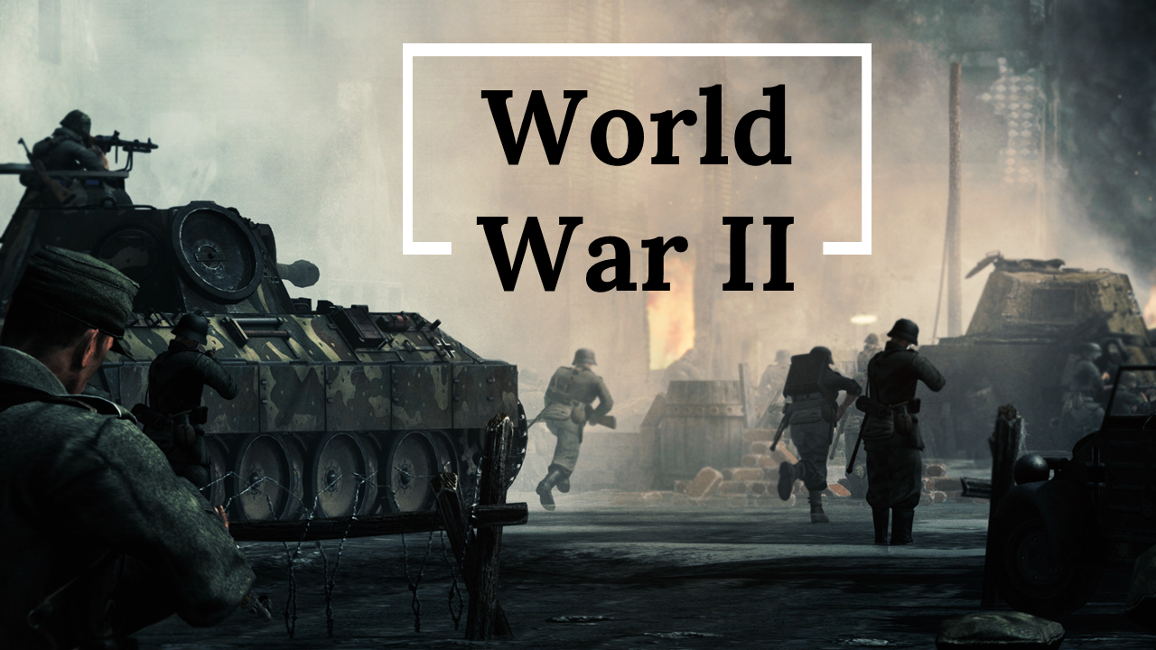 Series of slides covering the war's causes, major events, and effects, using a consistent military-style design.