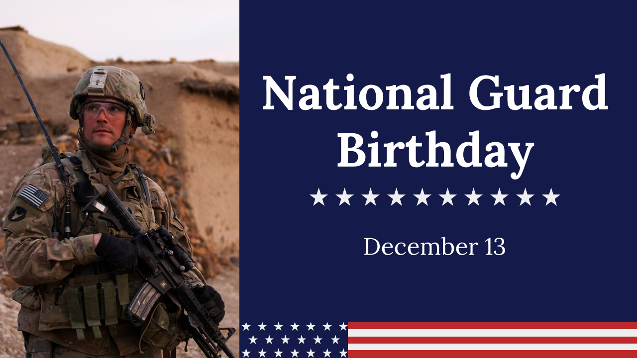 National guard birthday cover slide deck with an image of a soldier and patriotic red, white, and blue accents.