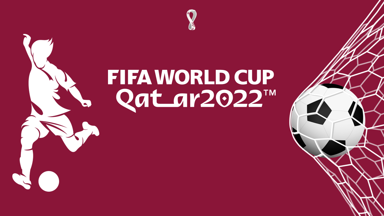 Pack of slides showing FIFA World Cup with soccer icons, stadium details, and participating teams on a maroon background.