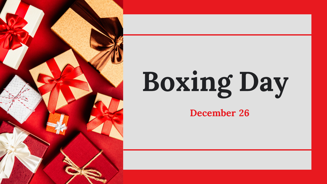 Boxing day slide deck with red themed slides, covering history, traditions, trivia, and celebrations on December 26.