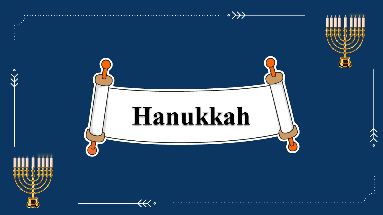 A pack of Hanukkah themed slides featuring menorah illustrations with various layout designs and text on a dark blue theme.