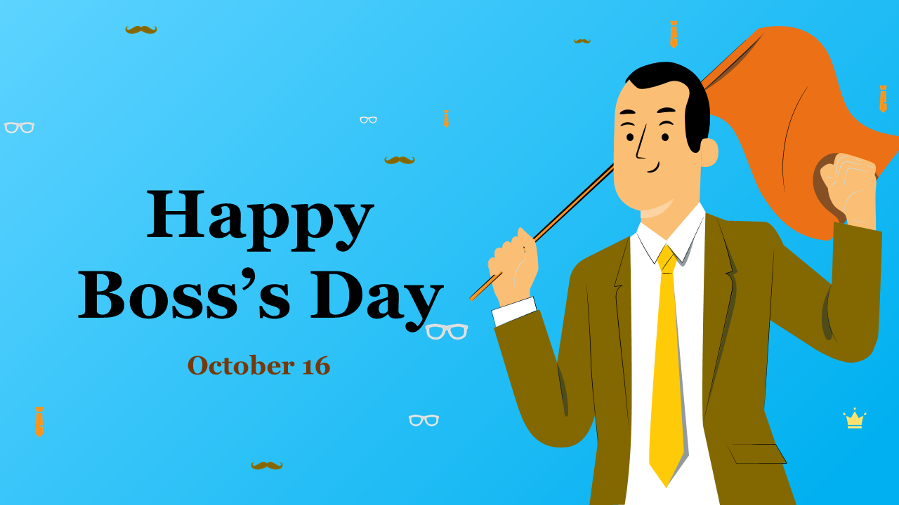 Slide deck celebrating boss's day with illustrated figures in bright blue background, and various facts and traditions.