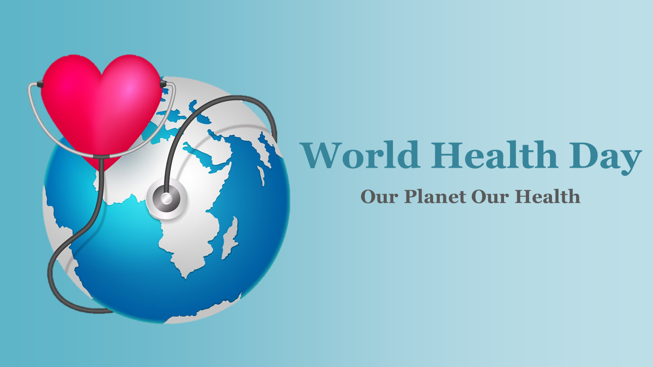 World health day slide deck with a stethoscope around a globe and a heart symbol, covering the history and activities.