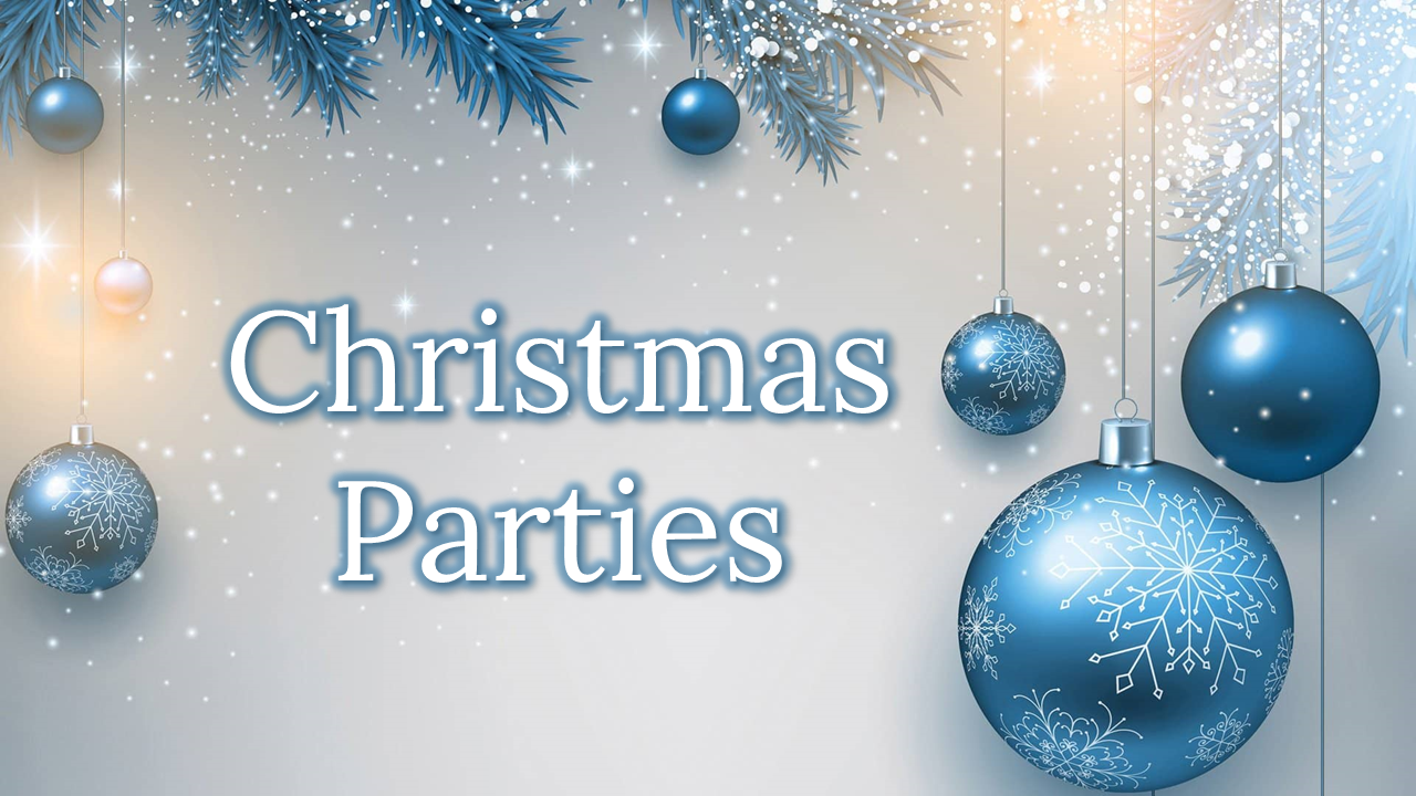 Christmas party slides featuring various holiday party themes and festive foods with a wintery blue theme.