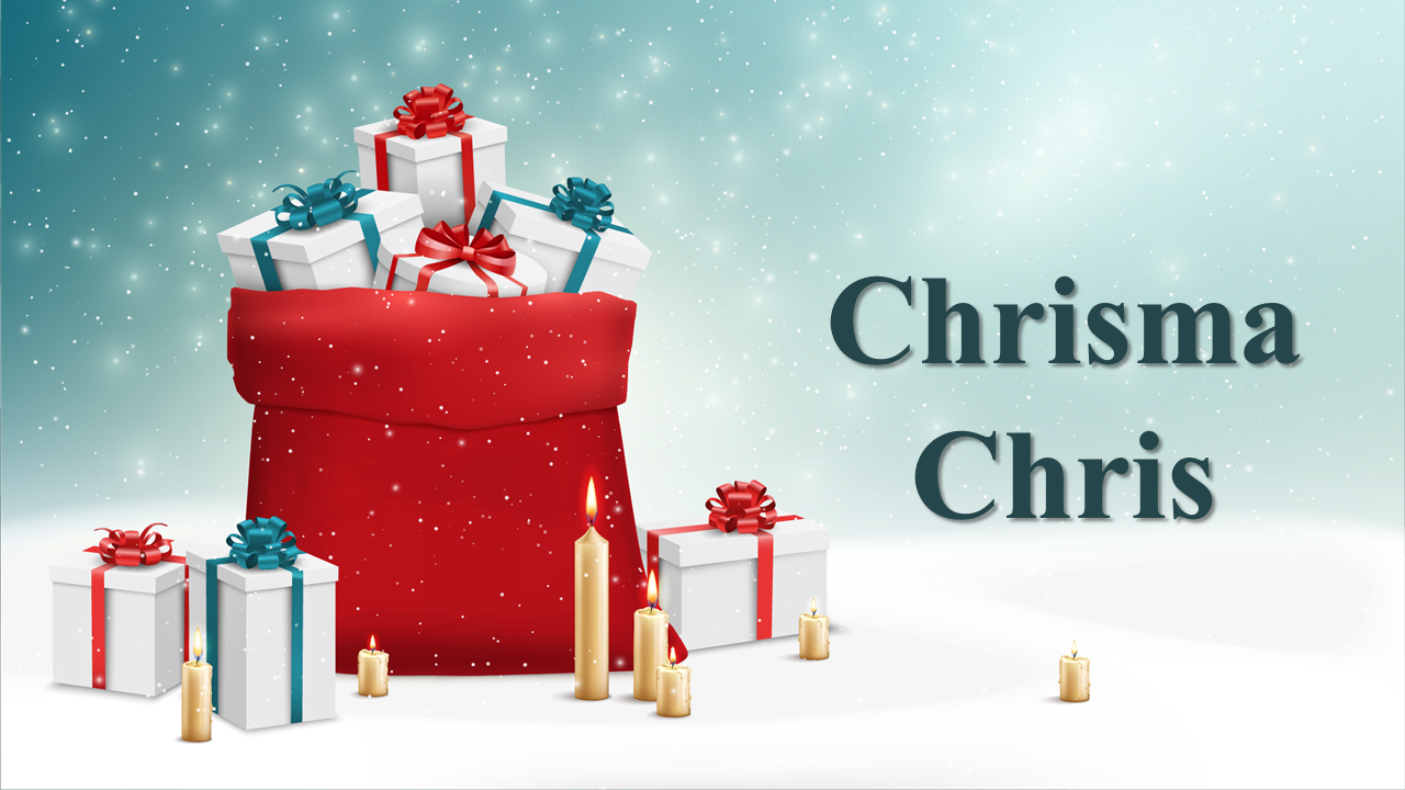 Christma chris themed slides with a large red gift box and various images and text including secret santa rules.