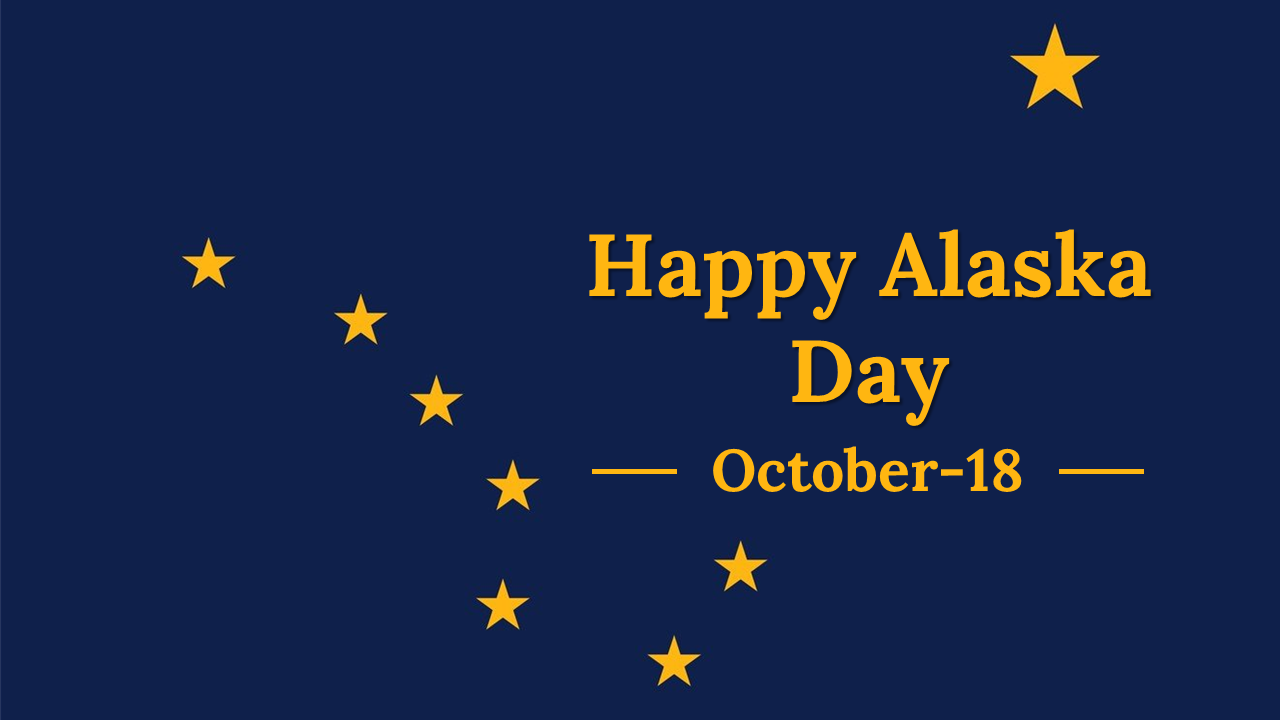 Happy Alaska day text with October 18 date surrounded by gold stars on a navy background.