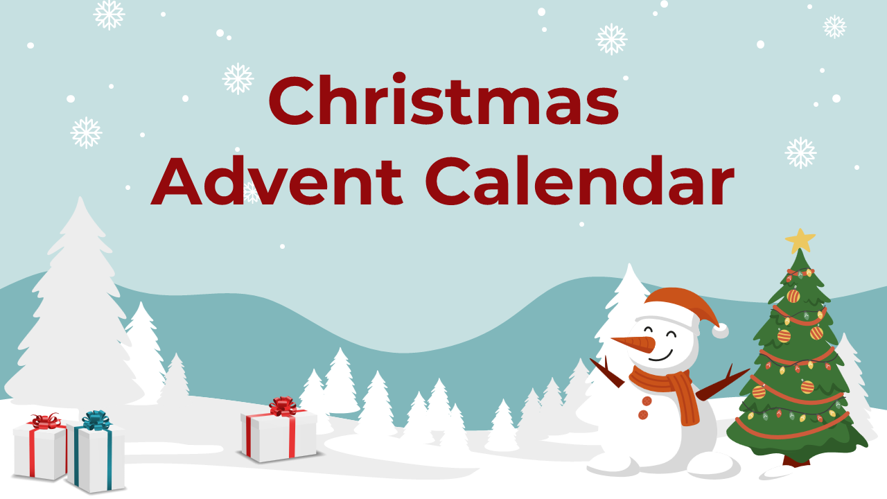 Advent calendar slide pack with Christmas themed activities, snowman, presents, and holiday icons on a winter scene.