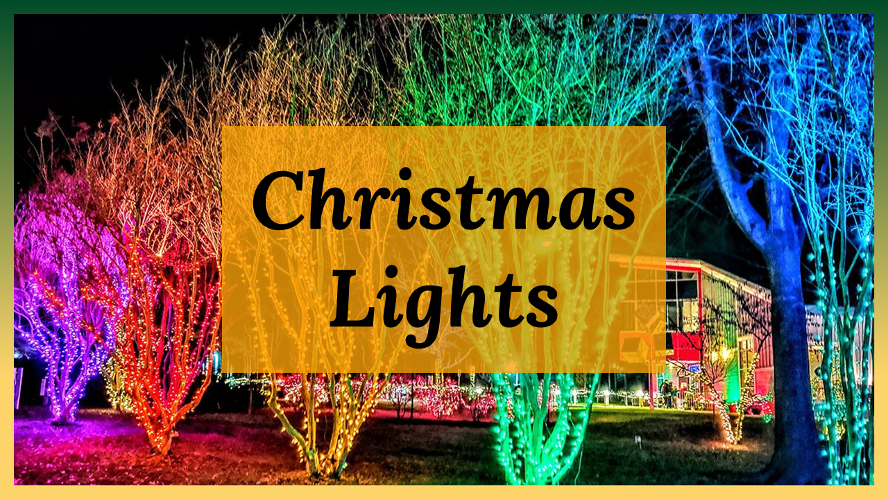 Christmas lights with colorful, festive slides covering history, types, decoration ideas, and light displays worldwide.