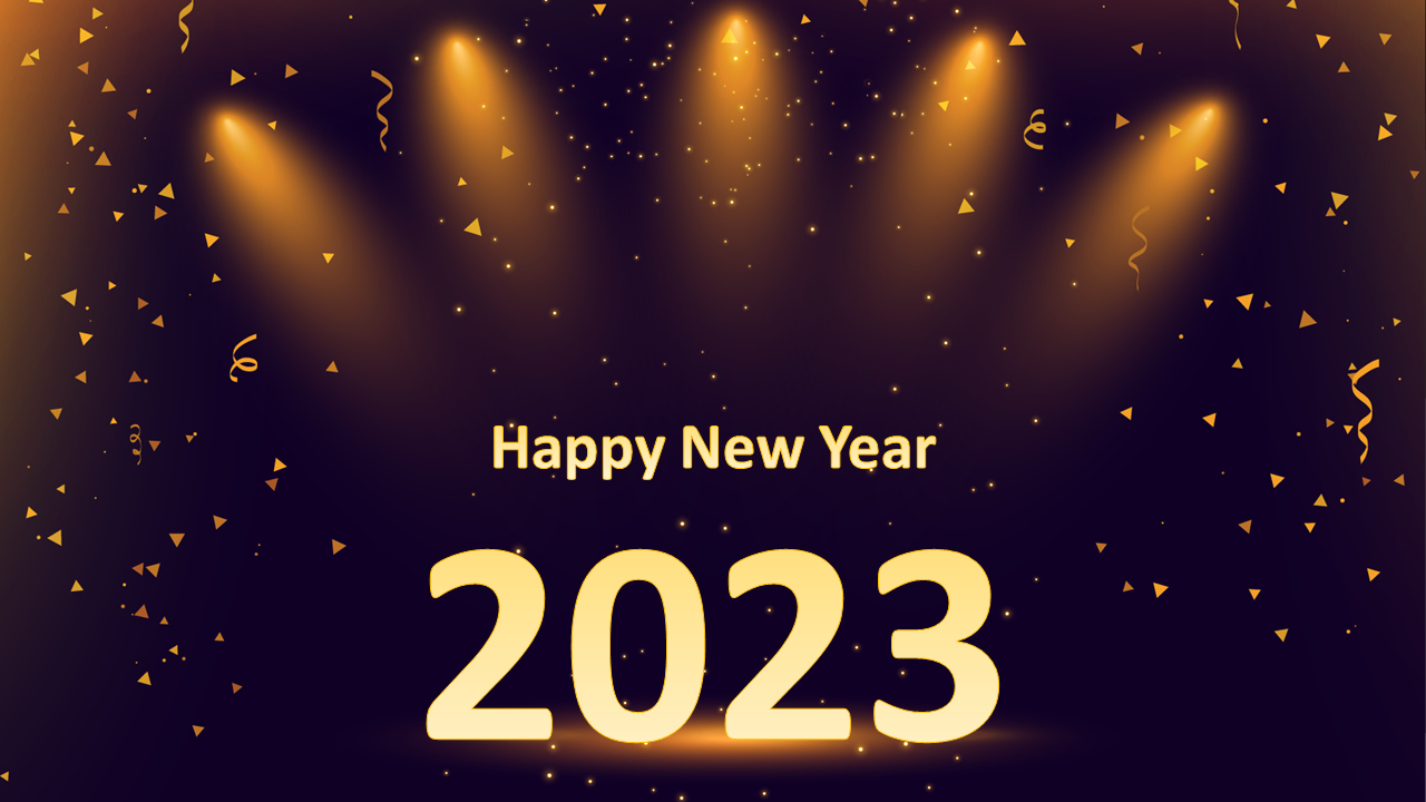 2023 new year slide deck featuring gold and festive decorations, lights, and celebratory themes.