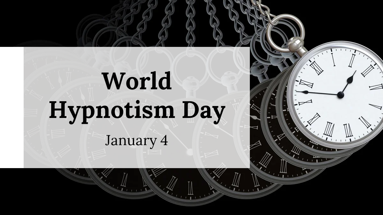 World Hypnotism day slides on hypnosis history, theories, and activities, featuring hypnotic visuals and key information.