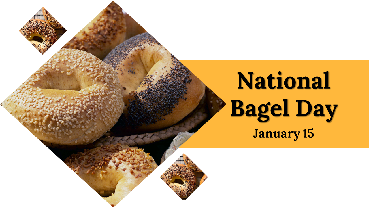 Slide deck with bagel images in diamond and rectangular layouts, using yellow theme with text on varieties and traditions.