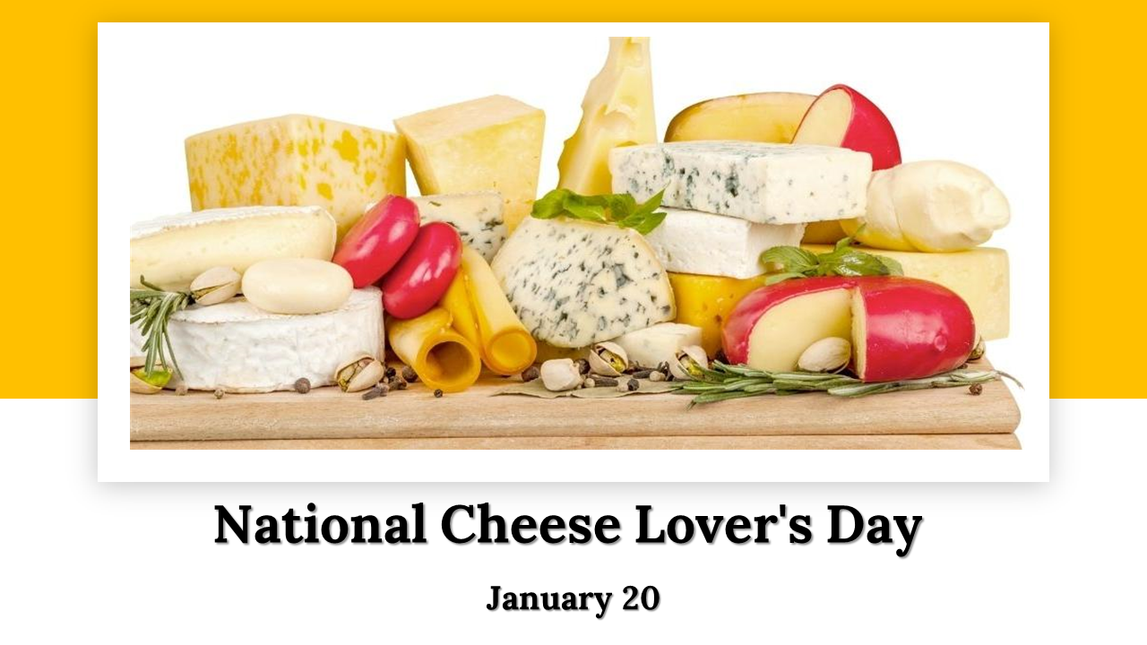 Slide deck focusing on cheese varieties and recipes, featuring yellow and white backgrounds, with fun facts and activities.