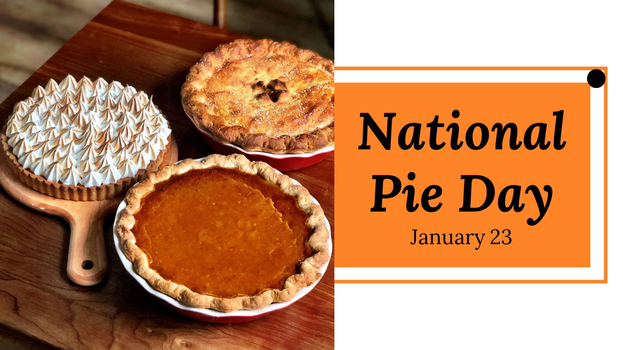 National pie day slide deck featuring pies on a wooden surface and the event date, January 23, on a orange background.