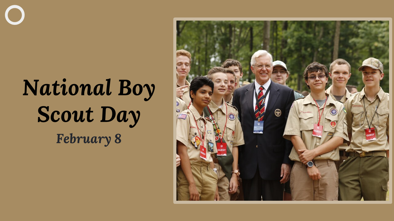 National Boy Scout day slides with a brown theme, covering history, aims, benefits, and celebrations of scouting.