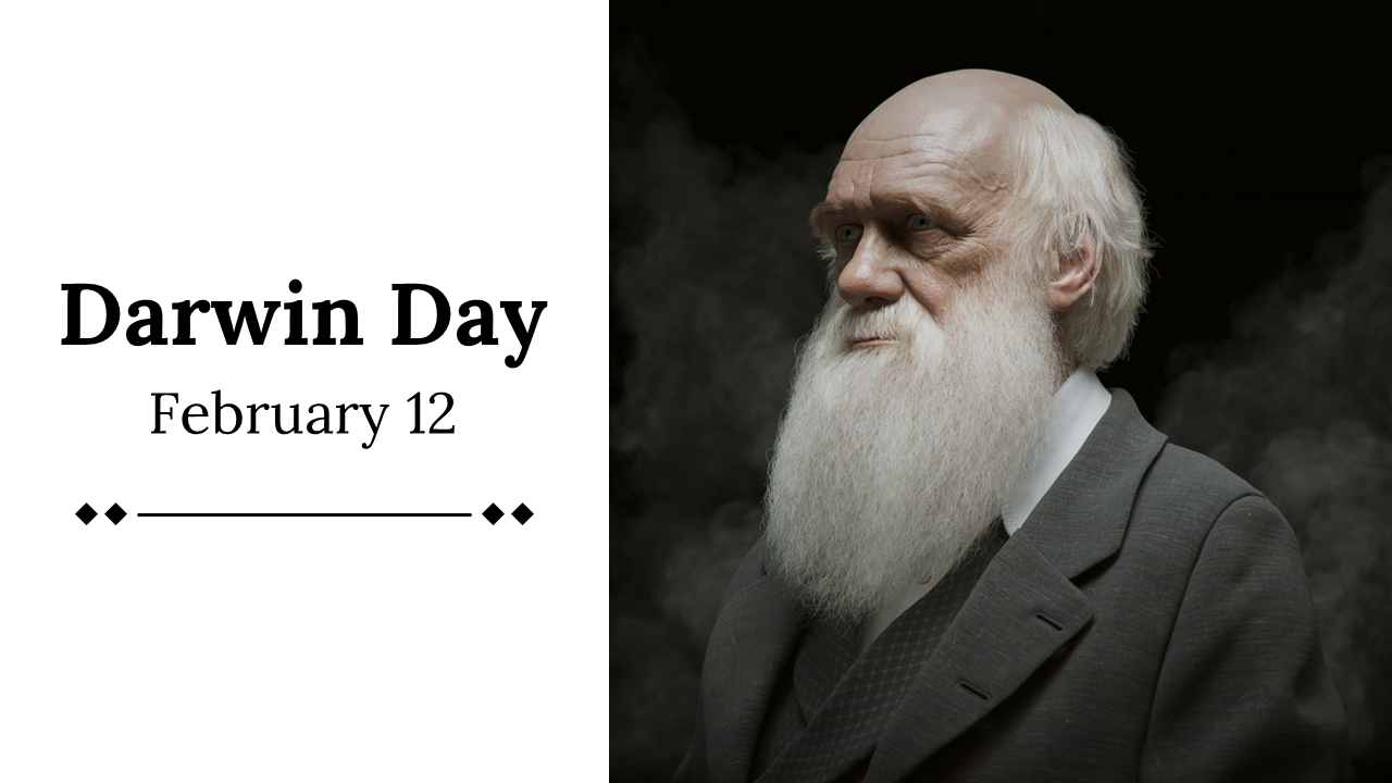 Darwin day slides featuring the date with sections on biography, awards, theory of evolution, and related activities.