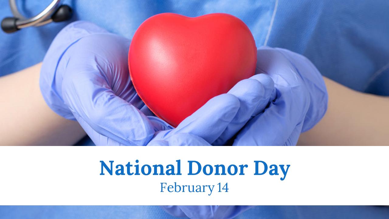 Slide deck for National donor day with blue and red accents, highlighting donation types, blood stock levels, and key facts.