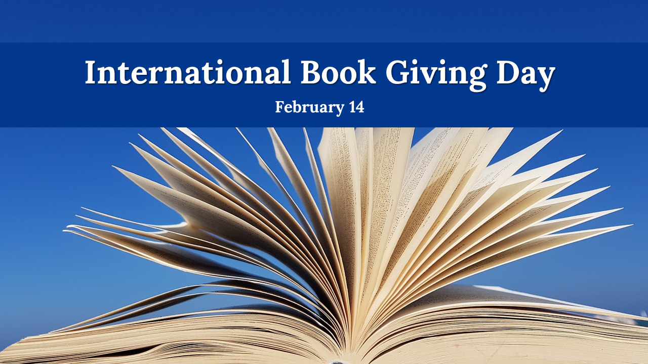 Informative slides about International Book Giving day, highlighting book donation initiatives and global reading statistics.