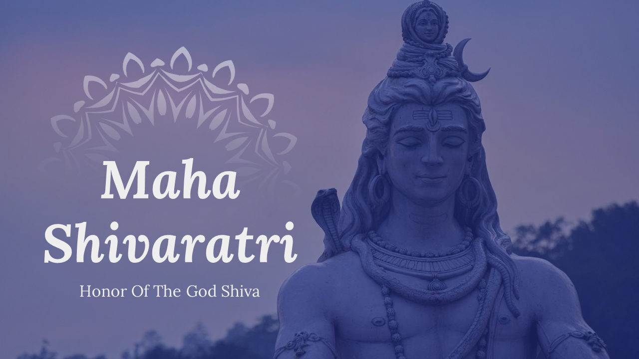 Blue slide deck with Lord Shiva illustrations, explaining the celebration of Maha Shivaratri, fasting, and rituals.