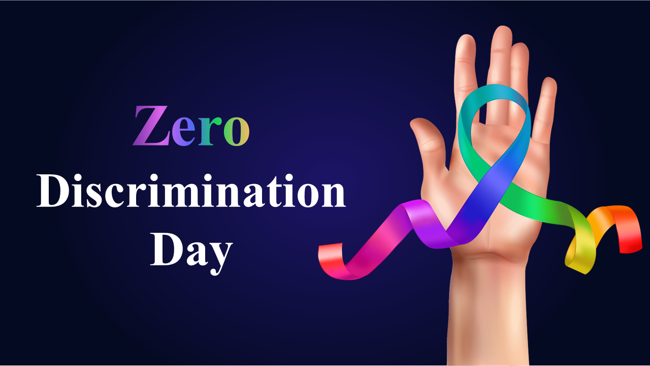 Zero Discrimination day slides showcasing the history, goals, and statistics related to it with various icons and text.