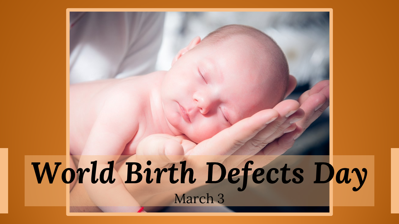 Slide deck discussing types, causes, risks, and prevention of birth defects, with a brown theme.