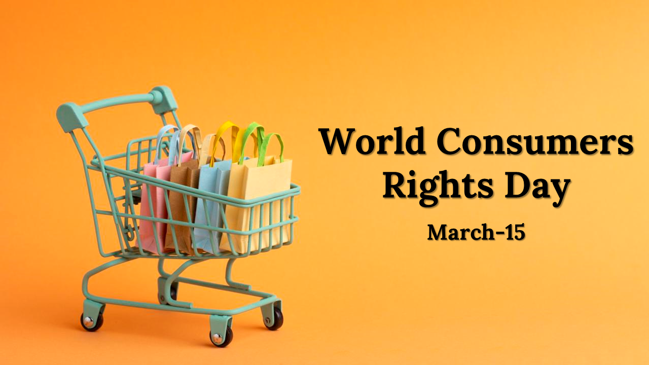 Slide deck with orange and white themes, featuring shopping visuals and sections on consumer rights.