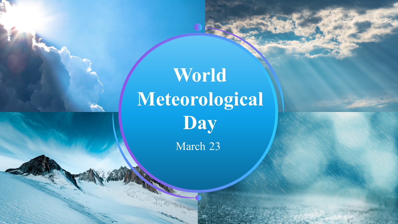 Slide deck for World Meteorological day, featuring sections on climate, collaborative actions, and weather data.