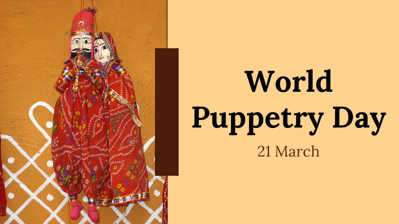 Slides with colorful visuals on puppetry history, types, celebration tips, and famous puppet characters, in yellow tones.