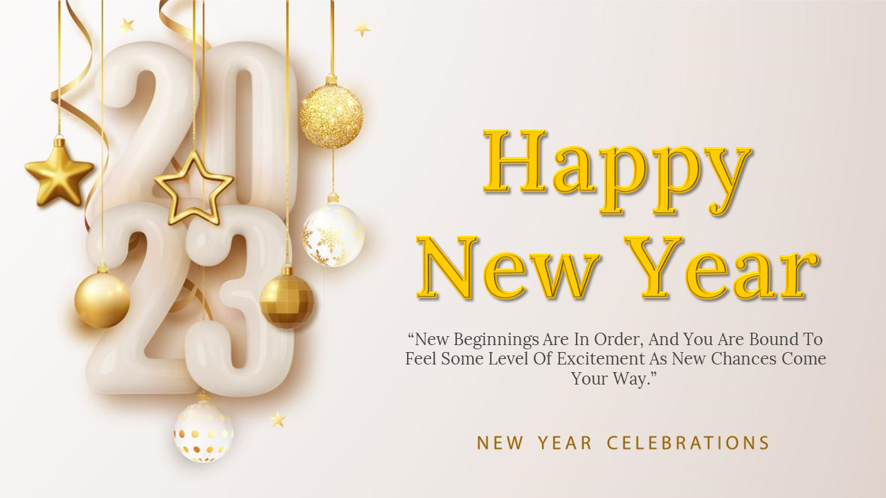 Happy New Year background slides showcasing clocks, champagne, fireworks, and elegant 2023 typography.