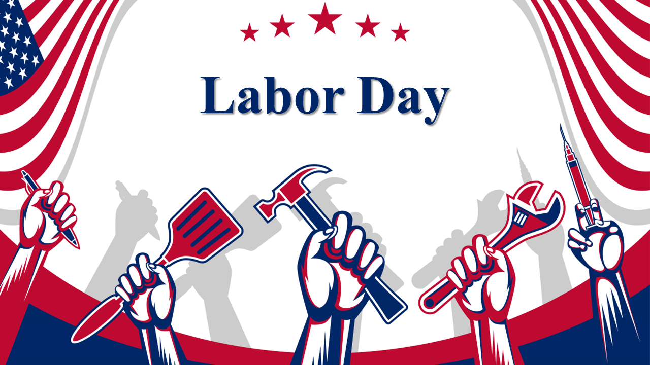 Labor day slides with historical facts, labor movement imagery, and charts highlighting key statistics and activities.