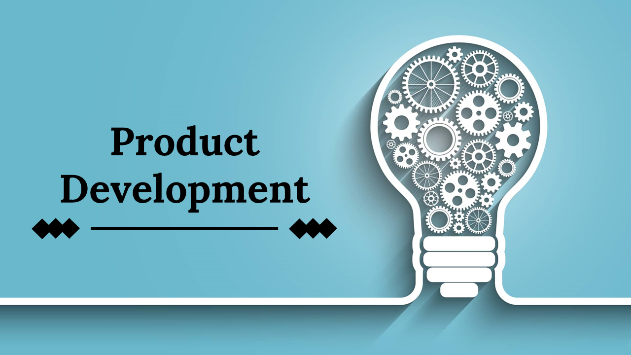 Slide deck design for product development featuring a lightbulb with interlocking gears inside, symbolizing innovation.