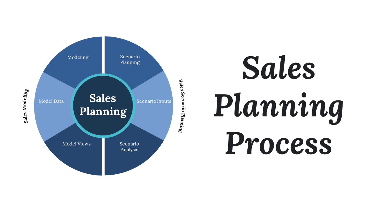 Infographic showcasing the sales planning process slides in various colored layout designs and icons with text descriptions.