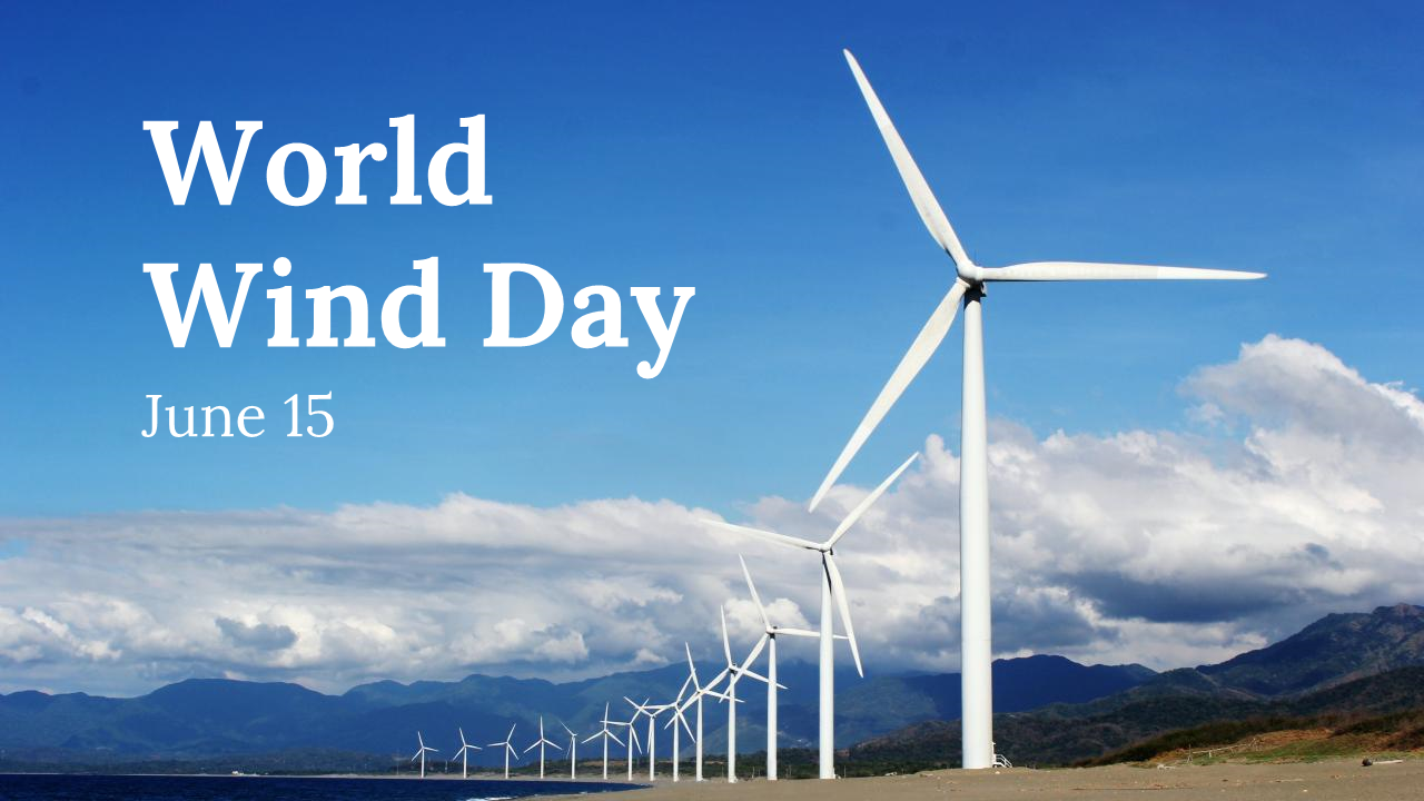 World Wind day slides detailing the importance of wind energy and its benefits with related images.