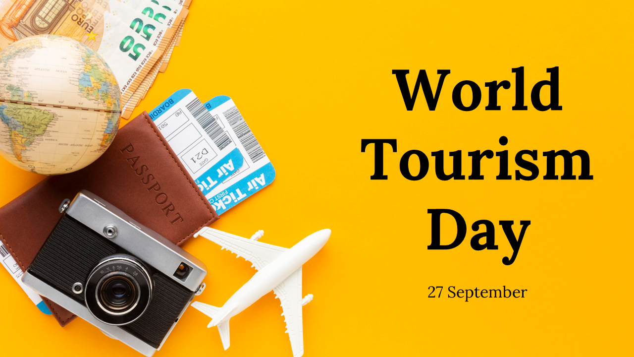 Yellow themed world tourism day slides featuring travel packing lists, top destinations, and tourist statistics worldwide.