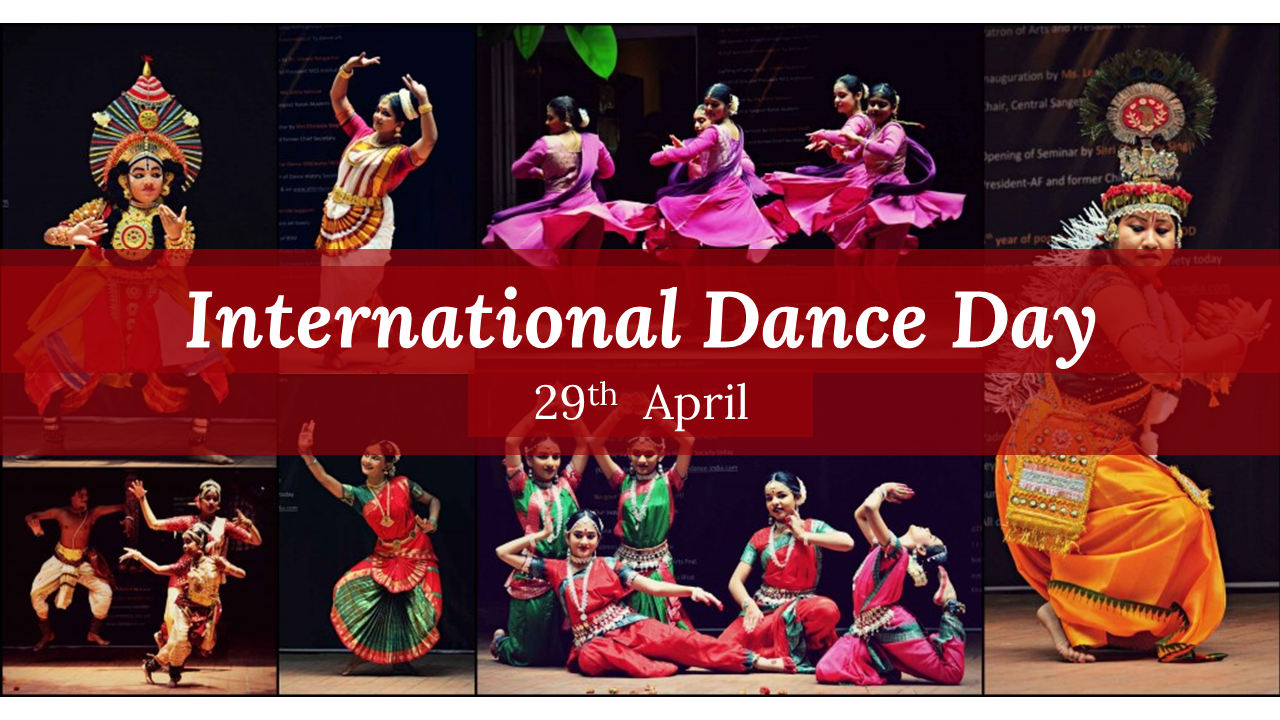 International dance day slide deck featuring a collage of traditional dancers in colorful attire with a red banner.