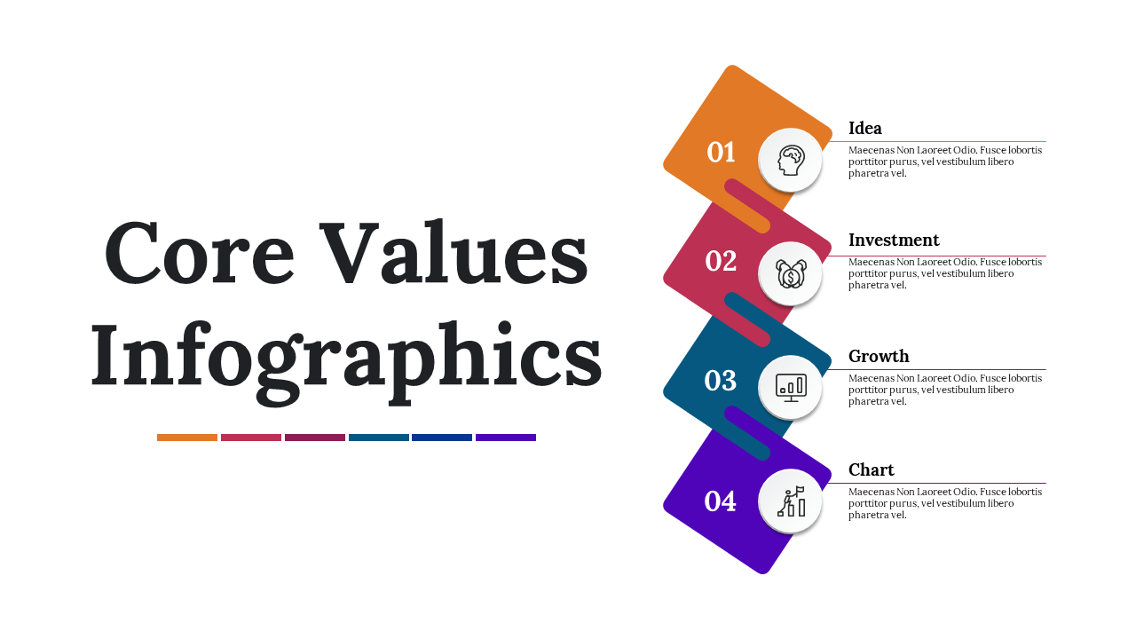 A pack of core values infographic slides with four colorful sections with icons and placeholder text.