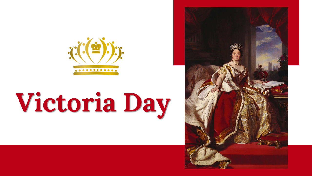 A pack of victoria day slides featuring a regal theme with a crown, historical images, and information about queen victoria.