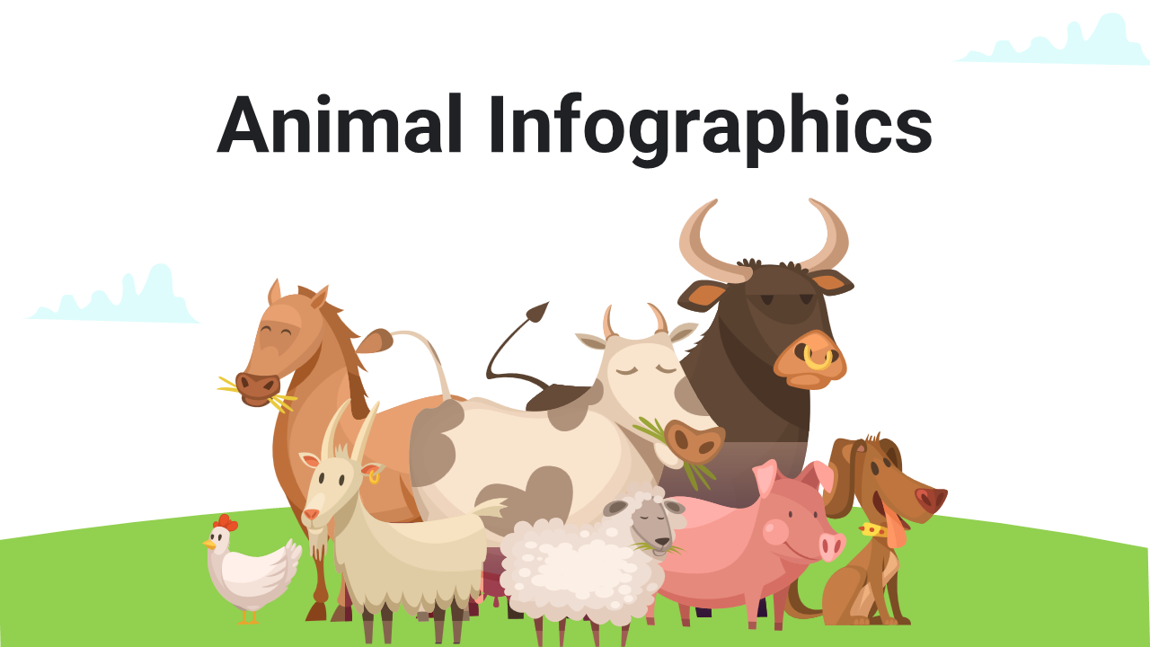 Animal infographic slide deck with various farm and wild animal illustrations, charts, and comparison layouts.