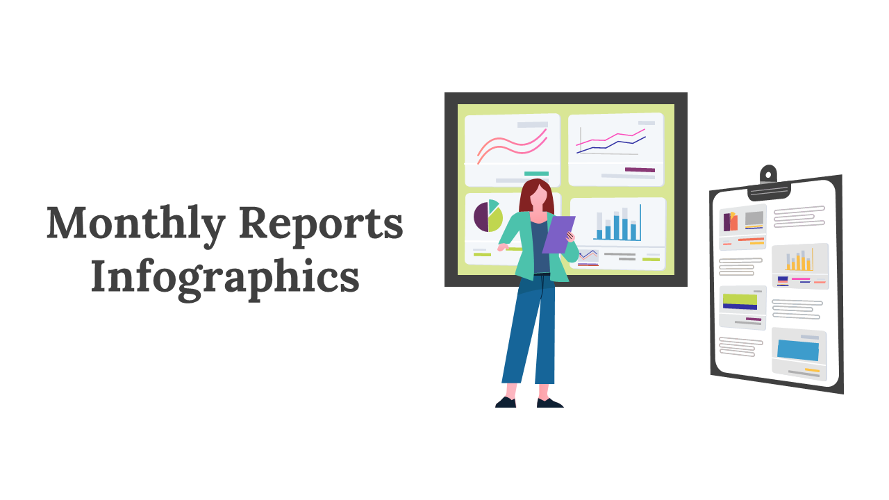 Slide deck on monthly report designs displayed in a grid layout, featuring charts, graphs, and diagrams in various colors.