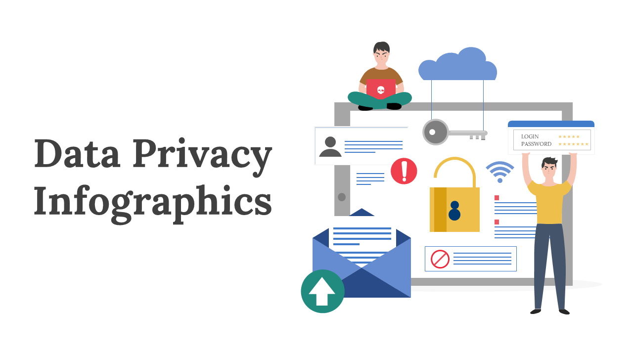 A collection of data privacy infographic slides showcasing various aspects in different colored layout designs with icons.