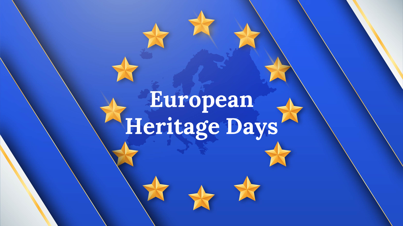 Slide deck for European heritage days, featuring sections on cultural preservation, key dates, types, and interactive events.