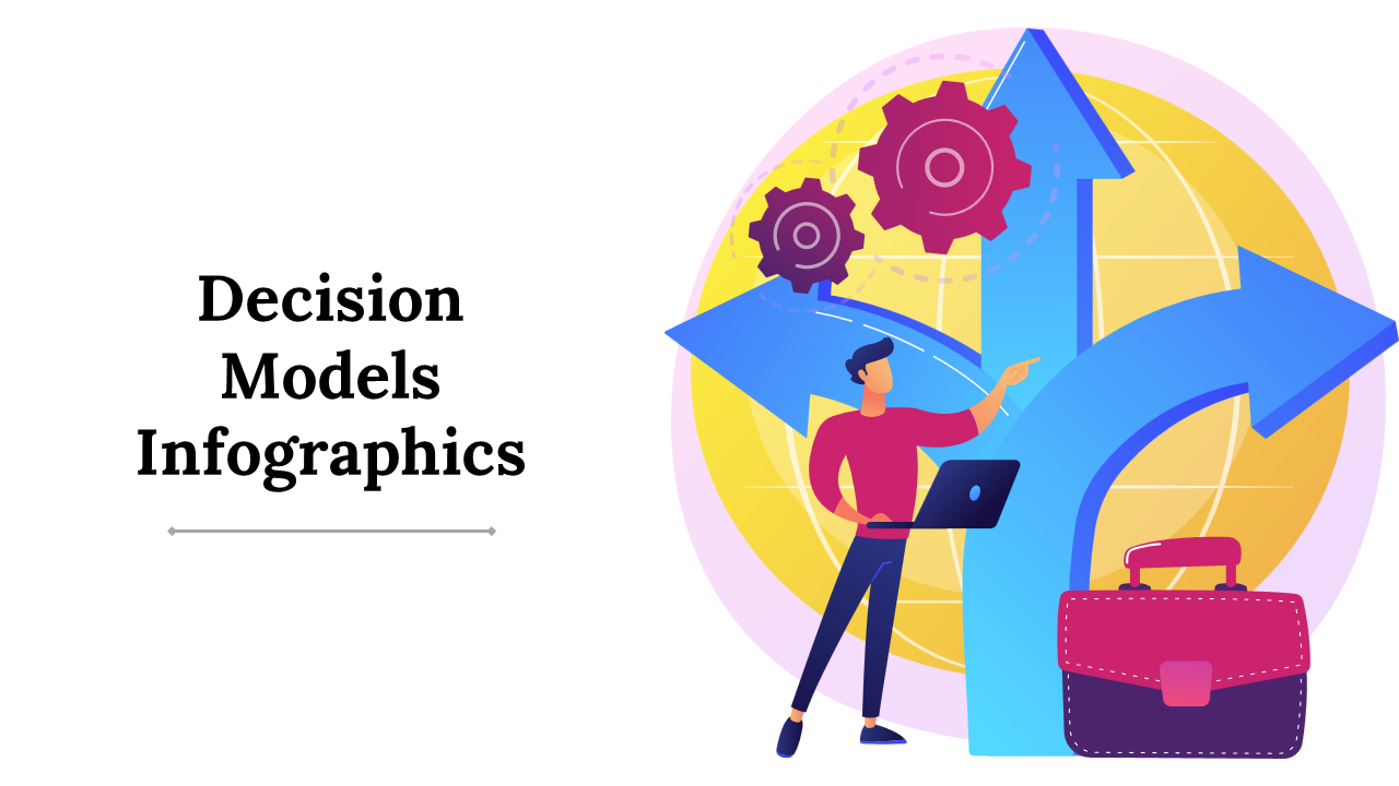 Decision models infographics slide deck with an illustration pointing at large arrows and gears, symbolizing paths.