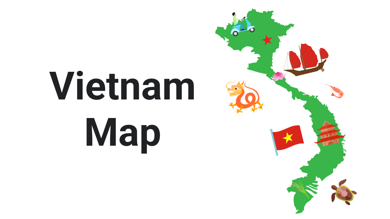 Vietnam slide deck with white backgrounds, featuring colorful maps, charts, and data on different regions and landmarks.